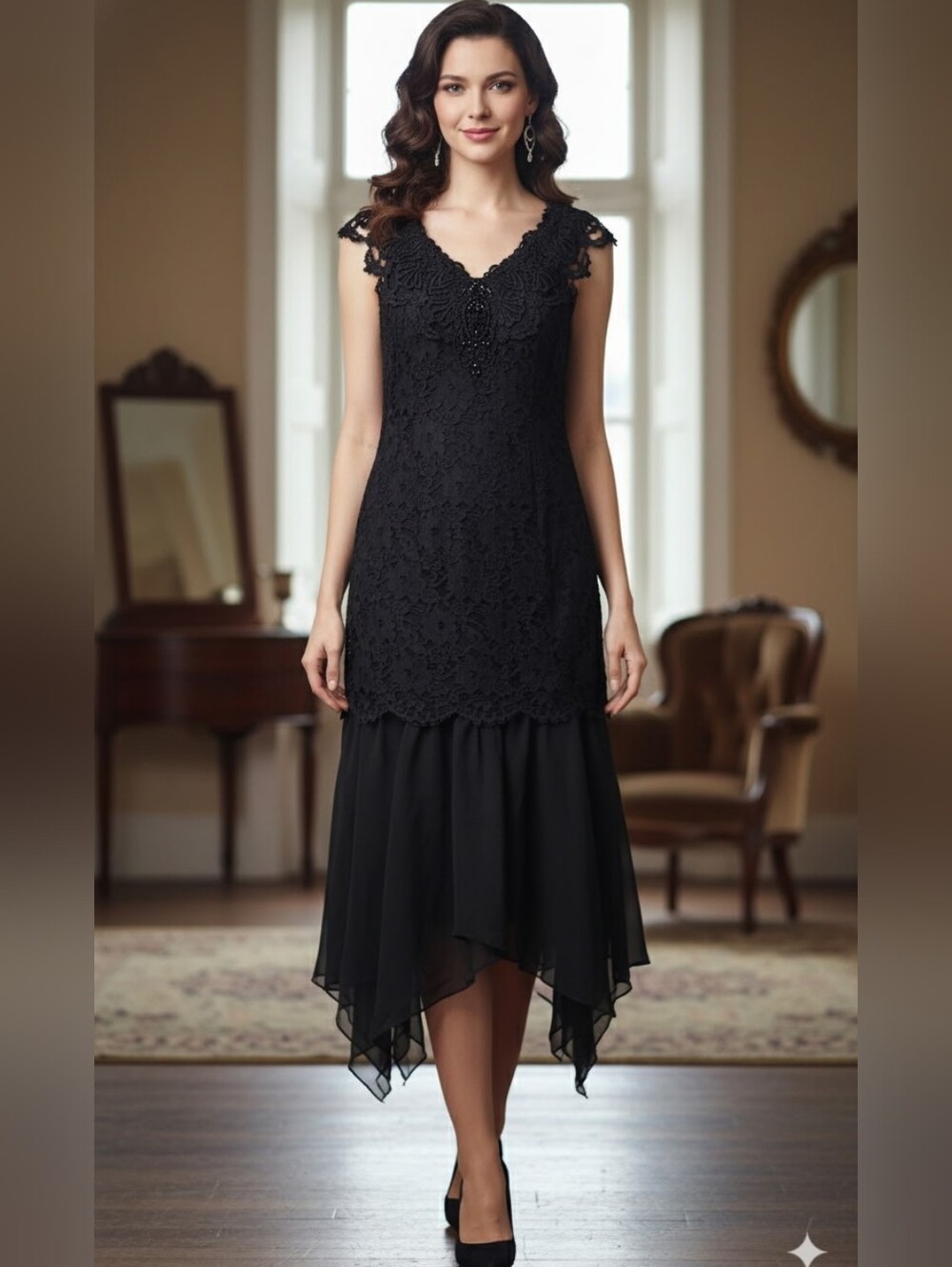 Scott McClintock Elegant Black Lace Dress. Long Asymmetric Black Cocktail Dress